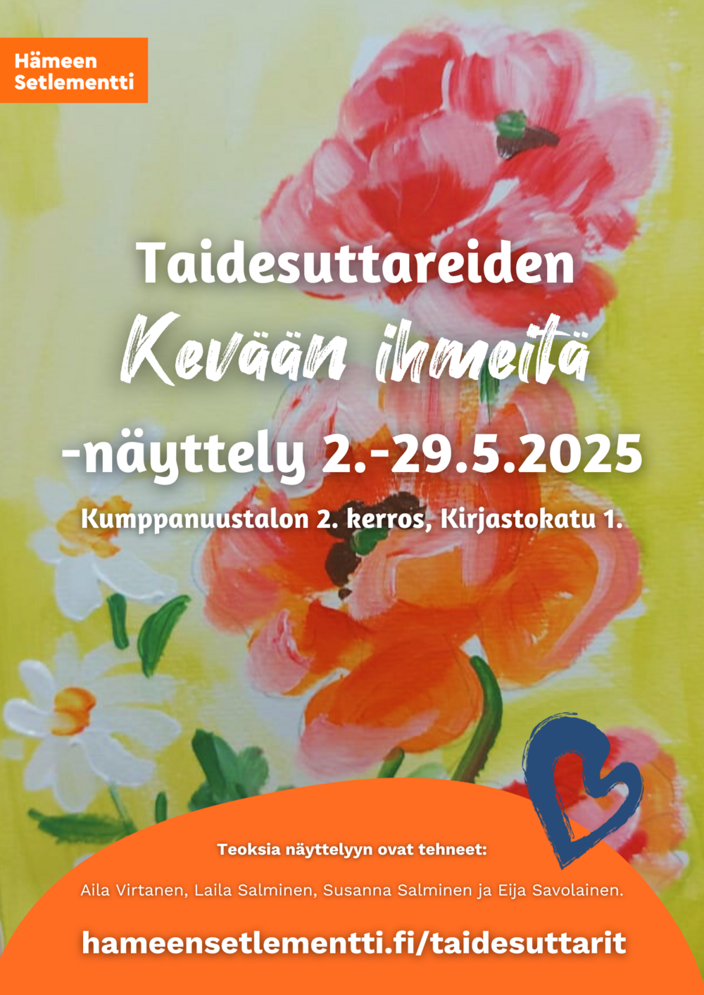 Kuva taidenäyttelystä Kumppanuustalon käytävältä.