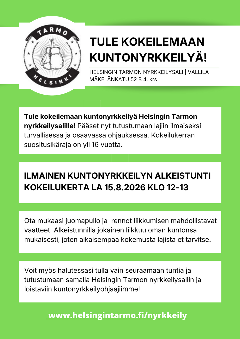 Ilmainen kuntonyrkkeilyn kokeilukerta 15.8.2026 klo 12-13