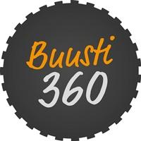 Kuvassa Buusti Logo. Mustassa hammasrataslaitaisessa ympyrässä teksti Buusti 360