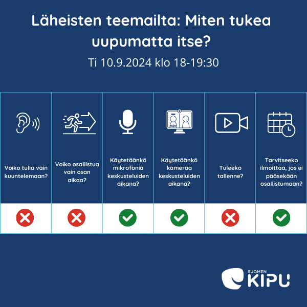 Infograagi läheisten teemaillan: Miten tukea uupumatta itse? (ti 10.9.2024 klo 18-19:30) käytännöistä. Tilaisuuteen ei voi tulla vain kuuntelemaan tai osallistua vain osan aikaa. Yhteisten keskusteluiden aikana käytetään mikrofonia ja kameraa. Tallennetta ei tehdä. Jos ei pääse paikalle, toivomme ilmoitettavan asiasta. Suomen kipu.