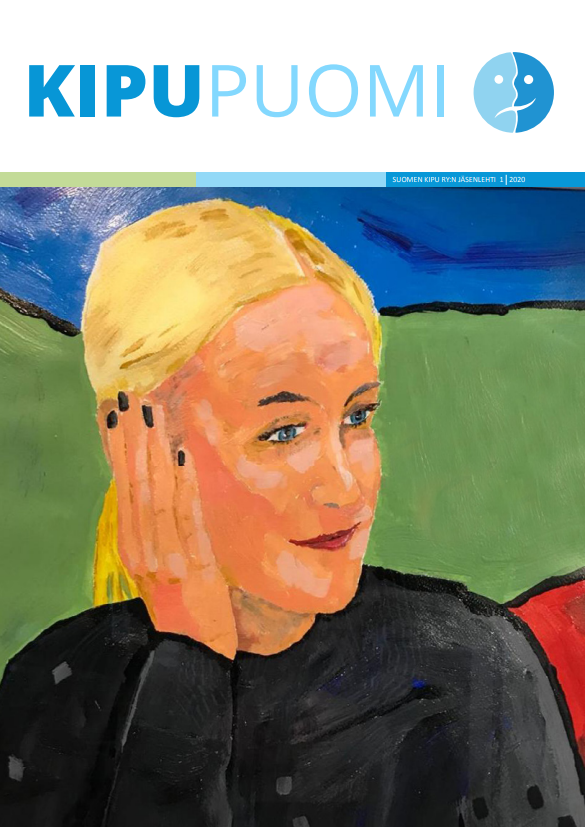Kipupuomin 1/2020, jossa maalattu kuva naisesta värikkäällä taustalla.
