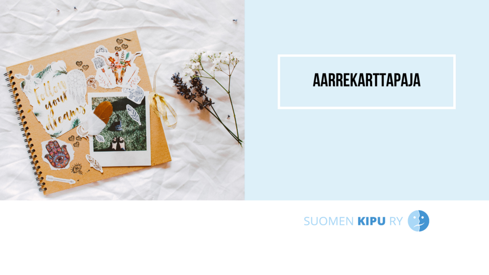 Kierrevihko, jonka kannessa leikattuja kuvia. Teksti: Aarrekarttapaja, Suomen Kipu ry