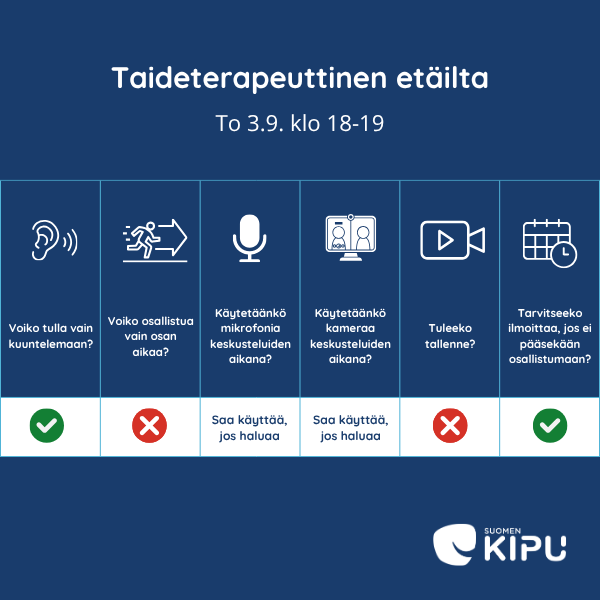 Infograafi, joka ohjeistaa tapahtumaan osallistumisen kanssa. Tapahtumaan voi osallistua vain kuunnellen. Tapahtumassa saa itse valita, käyttääkö mikrofonia ja kameraa vai pitääkö ne koko tapahtuman ajan pois päältä. Tapahtumaan ei voi osallistua vain osan aikaa ja järjestäjälle tulisi ilmoittaa, jos ei pääsekään osallistumaan. Tapahtumasta ei tule tallennetta.
