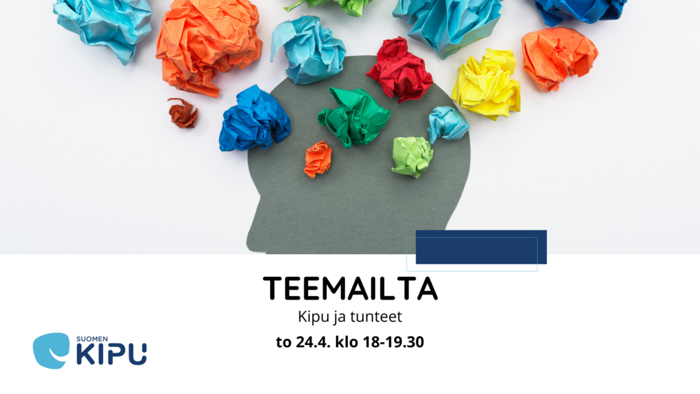 Kuvassa näkyy pään ääriviivat, jonka ympärillä erivärisiä- ja kokoisia paperista rutistettuja palloja. Kuvateksti: Teemailta - Kipu ja tunteet, to 24.4. klo 18-19.30.