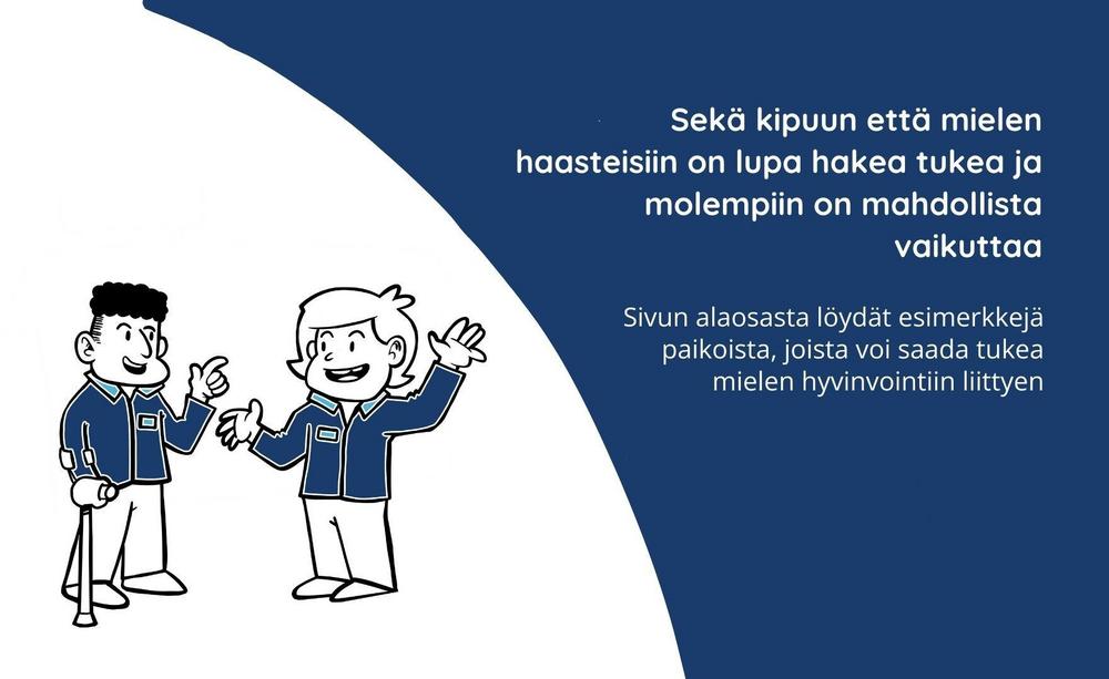 Kaksi piirrettyä hahmoa seisovat keskustelemassa. He puhuvat suurieleisesti käsiään liikutellen ja suut hymyssä. Toisella hahmoista on kihara tumma tukka ja kyynärnojasauva. Yllään hahmoilla on kauluspaidat ja nimikyltit. Kuvatekstissä lukee: "Sekä kipuun, että mielen haasteisiin on lupa hakea tukea, ja niihin molempiin on mahdollista vaikuttaa. Sivun alaosasta löydät esimerkkejä paikoista, joista voi saada tukea mielen hyvinvointiin liittyen."