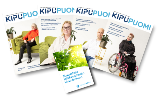Suomen Kipu ry:n jäsenenä saat Kipupuomi-lehden valintasi mukaan postitse tai verkkolehtenä neljä kertaa vuodessa. Lisäksi saa tervetulokirjeen mukana Menetelmiä lääkkeettömään kivunhoitoon -oppaan!