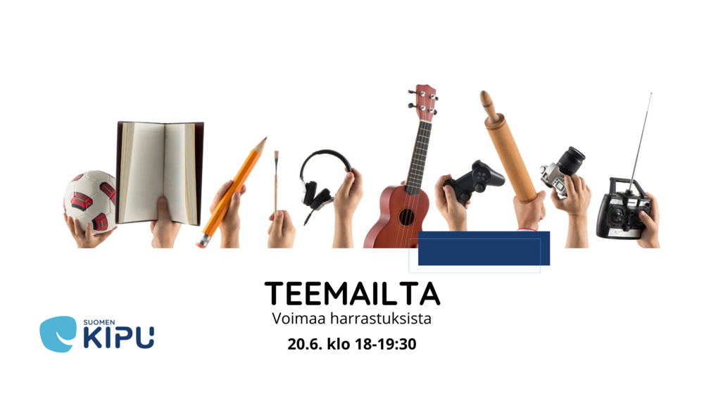 Kymmenen kättä, jotka pitävät erilaisia harrastusvälineitä. Käsissä on jalkapallo, kirja, kynä, pensseli, kuulokkeet, ukulele, peliohjain, kaulin, kamera ja kauko-ohjattavan ohjain.