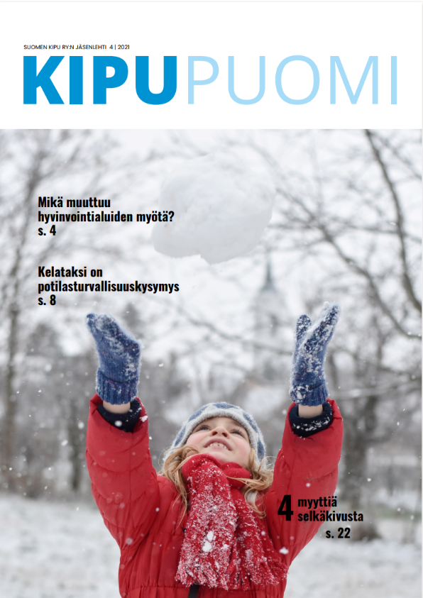 Kipupuomin 4/2021 kansi, jossa lapsi heittää lumipallon ilmaan lumisateessa.