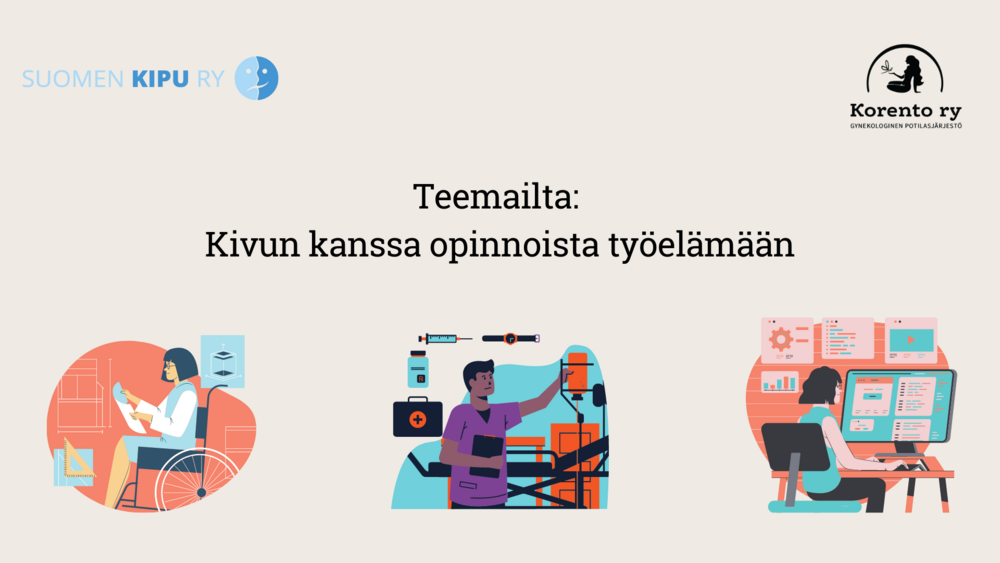 Kuvan yläreunassa Korennon ja Suomen Kivun logot, keskellä teksti teemailta: kivun kanssa opinnoista työelämään ja alareunassa ihmisiä erilaisissa töissä