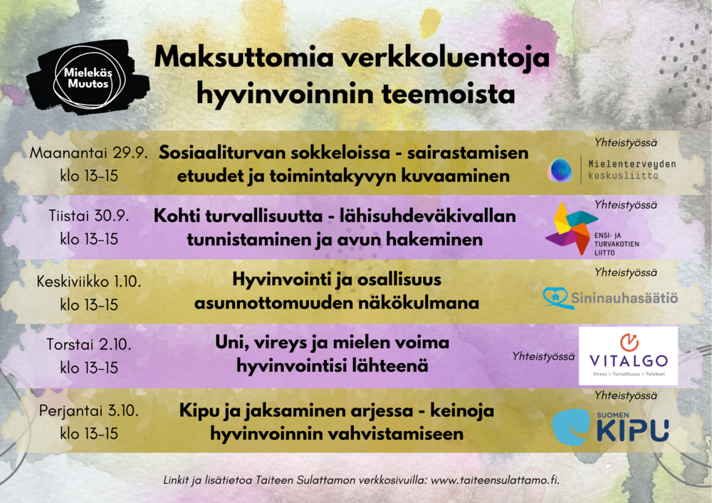 Mielekäs Muutos-toiminta järjestää syksyllä 2025 verkkoluentoviikon syys-lokakuun vaihteessa. Luvassa on viisi uutta ja antoisaa luentoaihetta vierailevilla luennoitsijoilla.