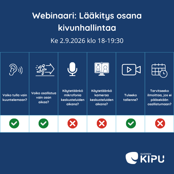 Infograagi Webinaarin (to 16.4.2026 klo 18-19:30) käytännöistä. Tilaisuuteen voi tulla vain kuuntelemaan tai osallistua vain osan aikaa. Mikrofonia ja kameraa ei käytetä. Tallennetta tehdään. Jos ei pääse paikalle, ei tarvitse ilmoittaa asiasta. Suomen kipu.