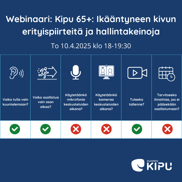 Infograagi Webinaarin (to 10.4.2025 klo 18-19:30) käytännöistä. Tilaisuuteen voi tulla vain kuuntelemaan tai osallistua vain osan aikaa. Mikrofonia ja kameraa ei käytetä. Tallennetta tehdään. Jos ei pääse paikalle, ei tarvitse ilmoittaa asiasta. Suomen kipu.