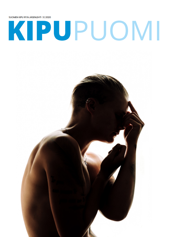 Kipupuomin 3/2020 kansi, jossa mies painaa kätensä kasvoilleen.