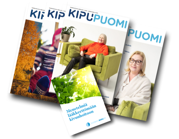 Suomen Kipu ry:n jäsenenä saat Kipupuomi-lehden neljästi vuodessa, valintasi mukaan postitse tai verkkolehtenä. Lisäksi saa tervetulokirjeen mukana Menetelmiä lääkkeettömään kivunhoitoon -oppaan!