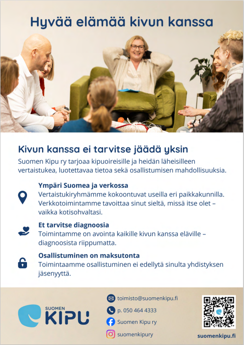 Suomen Kipu ry:n tulostettava esite. Hyvää elämää kivun kanssa.