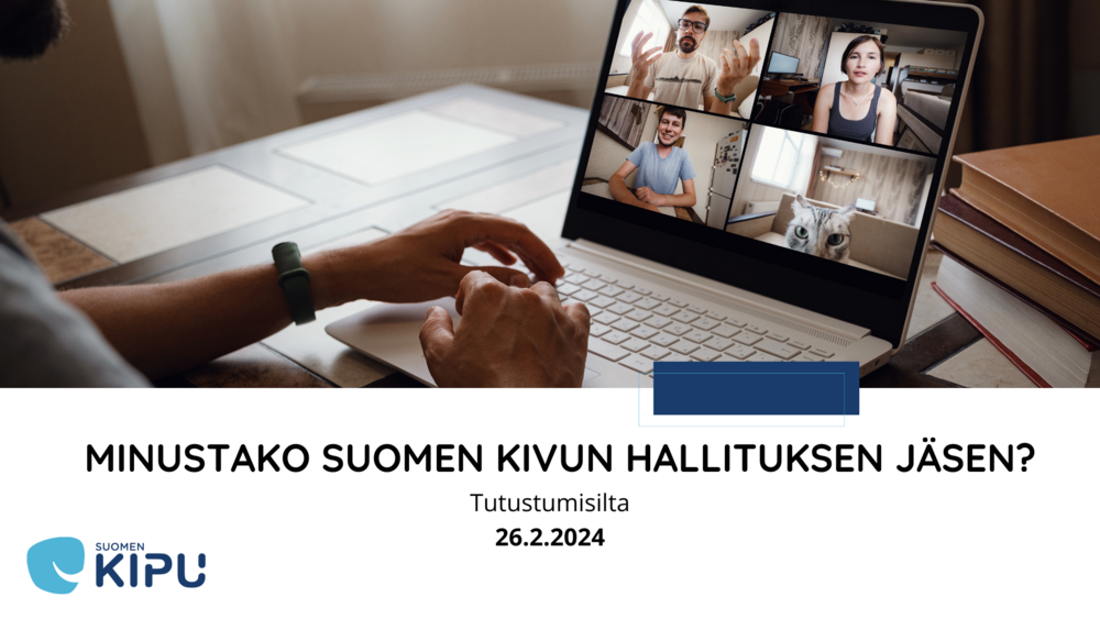 Ihmisiä ja yksi kissa etätapaamisessa. Alapuolella teksti Minustako Suomen Kivun hallituksen jäsen? -tutustumisilta ja Suomen Kivun logo.