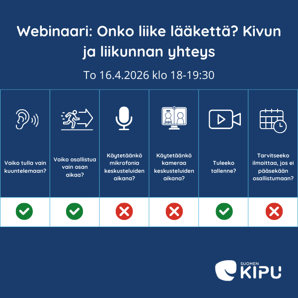 Infograagi Webinaarin (to 16.4.2026 klo 18-19:30) käytännöistä. Tilaisuuteen voi tulla vain kuuntelemaan tai osallistua vain osan aikaa. Mikrofonia ja kameraa ei käytetä. Tallennetta tehdään. Jos ei pääse paikalle, ei tarvitse ilmoittaa asiasta. Suomen kipu.