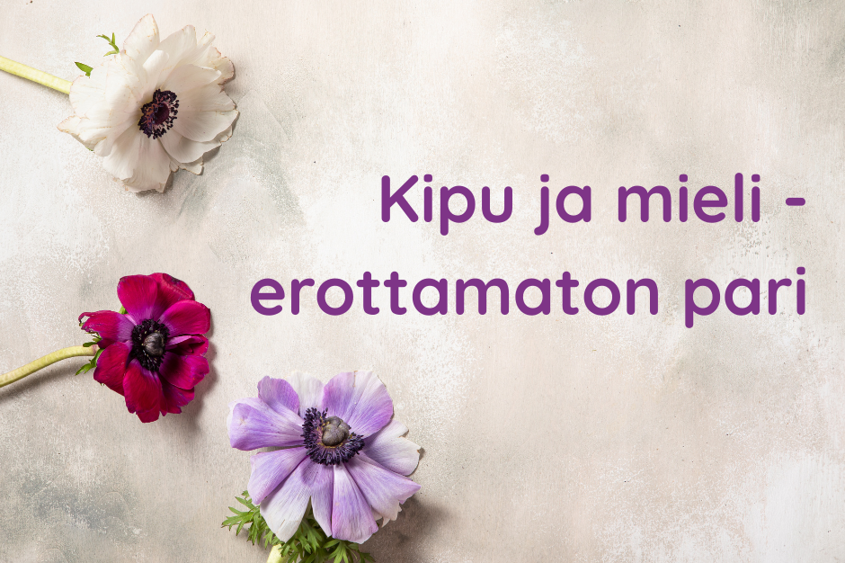 Kolme kukkaa vaalealla taustalla ja teksti: Kipu ja mieli - erottamaton pari.