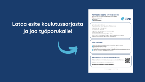 Kuva Ammattilaisena kivun äärellä -koulutussarjan esitteestä ja teksti: Lataa esite koulutussarjasta ja jaa työporukalle!