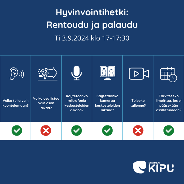 Infograagi Hyvinvointihetken: Rentoudu ja palaudu (ti 3.9.2024 klo 17-17:30) käytännöistä. Tilaisuuteen voi tulla vain kuuntelemaan. Osallistua ei voi vain osan aikaa. Yhteisten keskusteluiden aikana käytetään mikrofonia ja kameraa. Tallennetta ei tehdä. Jos ei pääse paikalle, toivomme ilmoitettavan asiasta. Suomen kipu.