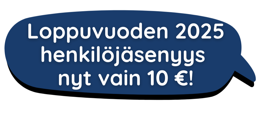 Teksti Tule Mukaan! Tummansinisessä puhekuplassa.