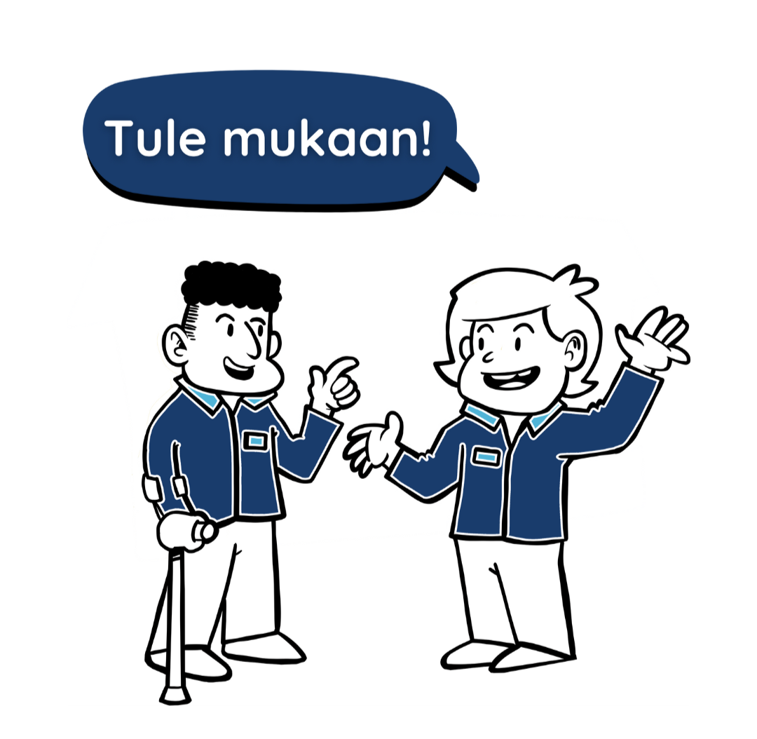 Kaksi piirrettyä hahmoa seisovat keskustelemassa. He puhuvat suurieleisesti käsiään liikutellen ja suut hymyssä. Toisella hahmoista on kihara tumma tukka ja kyynärnojasauva. Yllään hahmoilla on kauluspaidat ja nimikyltit. Puhekuplassa lukee kehotus Tule mukaan!.