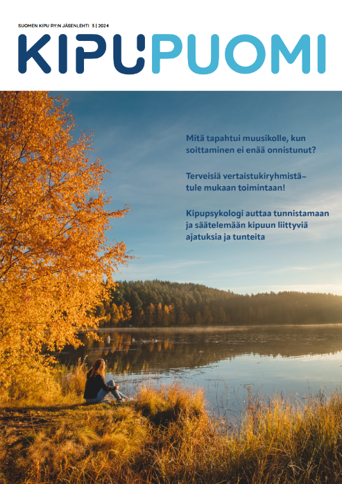 Kipupuomi-lehden 3/24 kannessa on ruskamaisema järven rannalta. Taustalla näkyy metsä. Rannalla istuu pitkähiuksinen henkilö.
Kannessa lukee otsikot Mitä tapahtui muusikolle, kun soittaminen ei enää onnistunut?
Terveisiä vertaistukiryhmistä - tule mukaan toimintaan!
Kipupsykologi auttaa tunnistamaan ja säätelemään kipuun liittyviä ajatuksia ja tunteita.