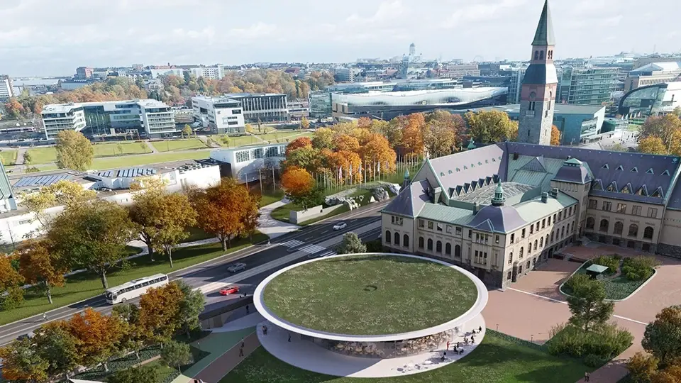 Havainnekuva Kansallismuseon alueesta ja suunnitellusta uudisrakennuksesta, ilmakuva Helsingin kaupunkimaisemassa syksyisessä ympäristössä.