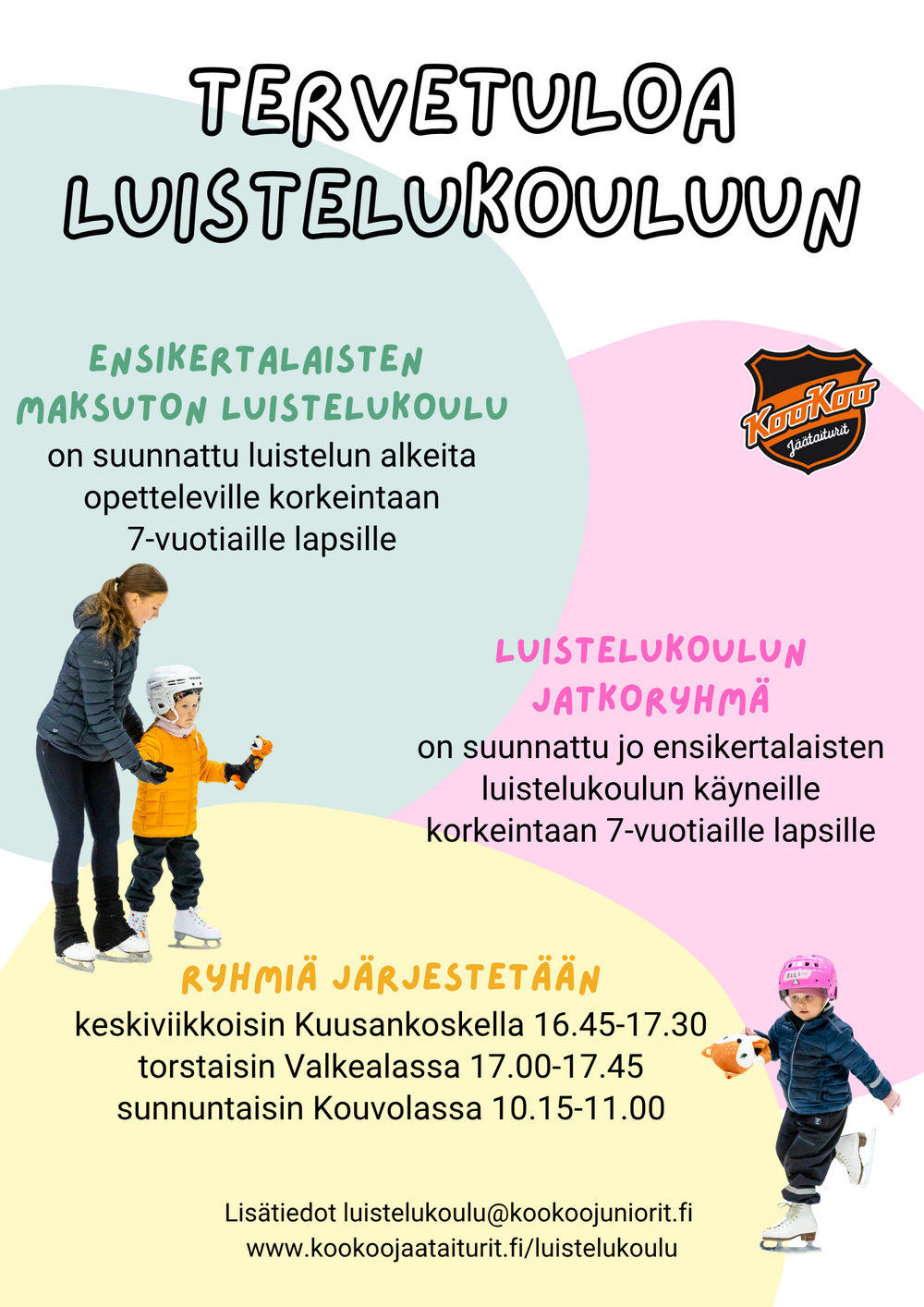 Tervetuloa luistelukouluun! KKJT järjestää sekä ensikertalaisten maksutonta luistelukoulua, että luistelukoulun jatkoryhmää. Ryhmiä järjestetään Kuusankoskella, Valkealassa ja Kouvolassa.