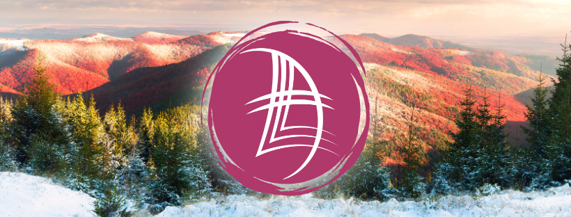 Talvinen maisema, jossa Lounais-Suomen Lihastautiyhdistyksen logo