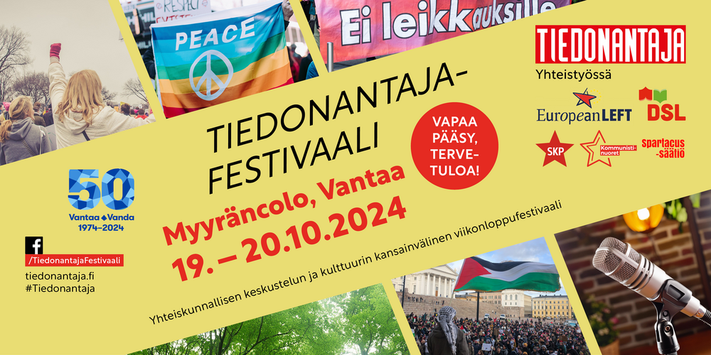 Bannerissa keltaisella taustalla yläviistoon erilaisia kuvituskuvia festivaalin teemoista, järjestäjien ja Vantaa 50 -logot sekä tapahtuman perustiedot.