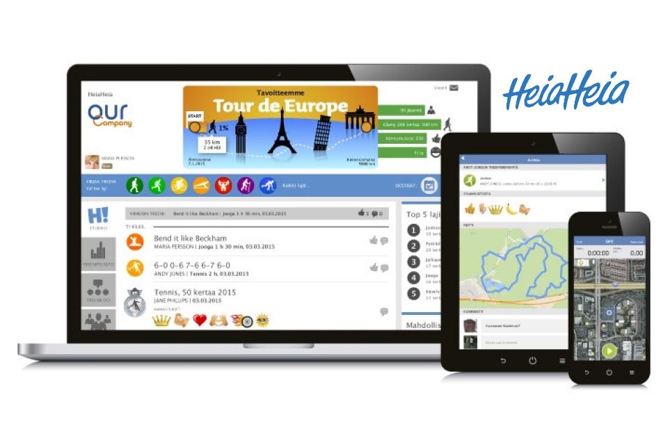 HeiaHeia-ohjelma auki piuhelimen, tietokeen ja tabletin näytöillä.
