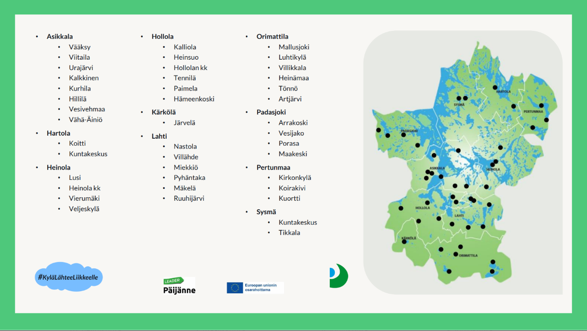 Lista osallistuneista kylistä sekä kartta, jossa näkyy koko Päijänne-Leaderin alue. Karttaan on merkitty pisteillä kaikki osallistuneet kylät.