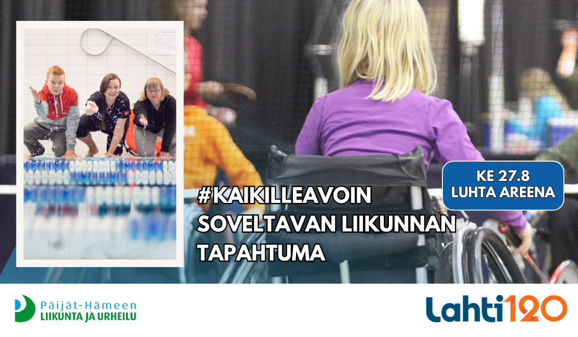 Kohti Liikkuvampaa ja Sporttisempaa Päijät-Hämettä -hankkeen bannerikuva, jossa eri ikäisiä ihmisiä liikkumassa.