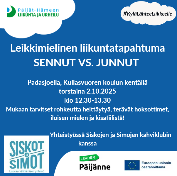Sennut vs. Junnut liikuntatapahtuman ilmoitus, josta näkee milloin ja missä tapahtuma pidettiin.
