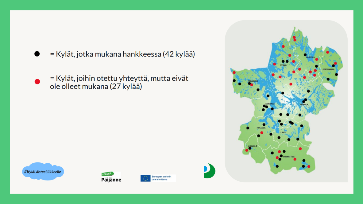 Kartta, johon on laitettu mustilla pisteillä osallistuneet kylät ja punaisilla pisteillä kylät, joihin on otettu yhteyttä mutta eivät ole kuitenkaan osallistuneet.
