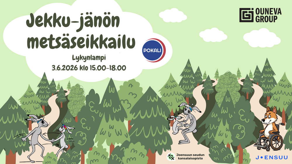 Jekku-jänö on metsässä ison jänön kanssa leikkimässä. Toisella polulla on kettu pyörätuolin kyydissä. Kuvassa on Pokalin ja Ouneva Groupin logo. Kuvassa lukee Jekku-jänön metsäseikkailu 3.6.2026 klo 15.00-18.00.