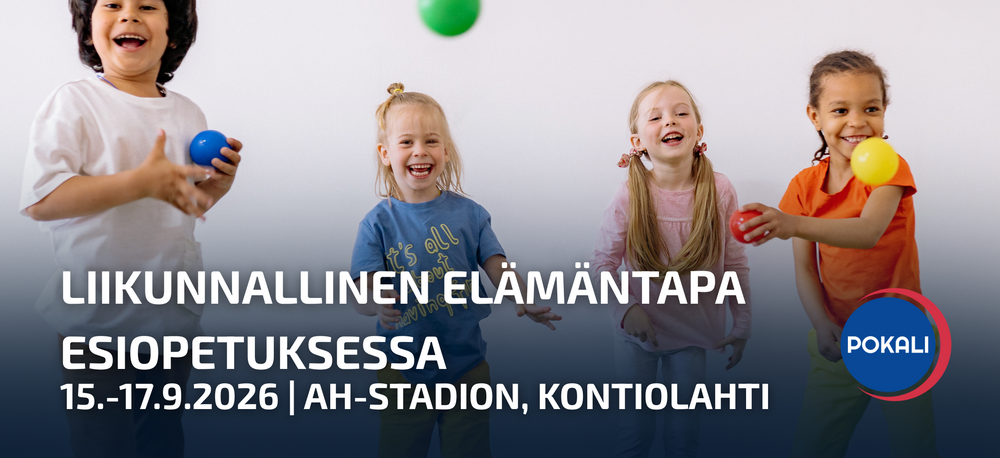 Neljä alle kouluikäistä lasta heittelevät palloja hymyssä suin. Kuvan päällä teksti liikunnallinen elämäntapa esiopetuksessa 15.-17.9.2026. AH-Stadion, Kontiolahti.