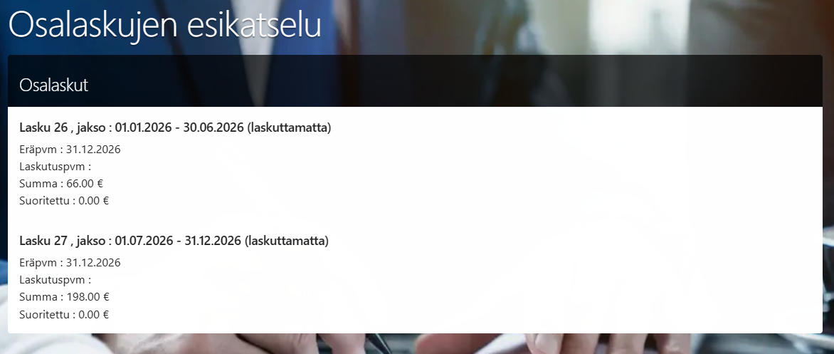 Jokainen osalasku on linkki, josta lasku avautuu PDF-muodossa tulostusta varten.