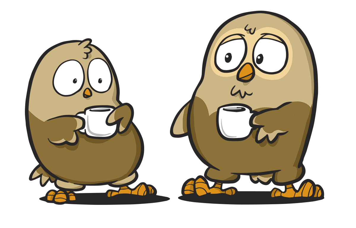 Kuva, jossa on kaksi pöllöhahmoa vierekkäin kahvikupit käsissään