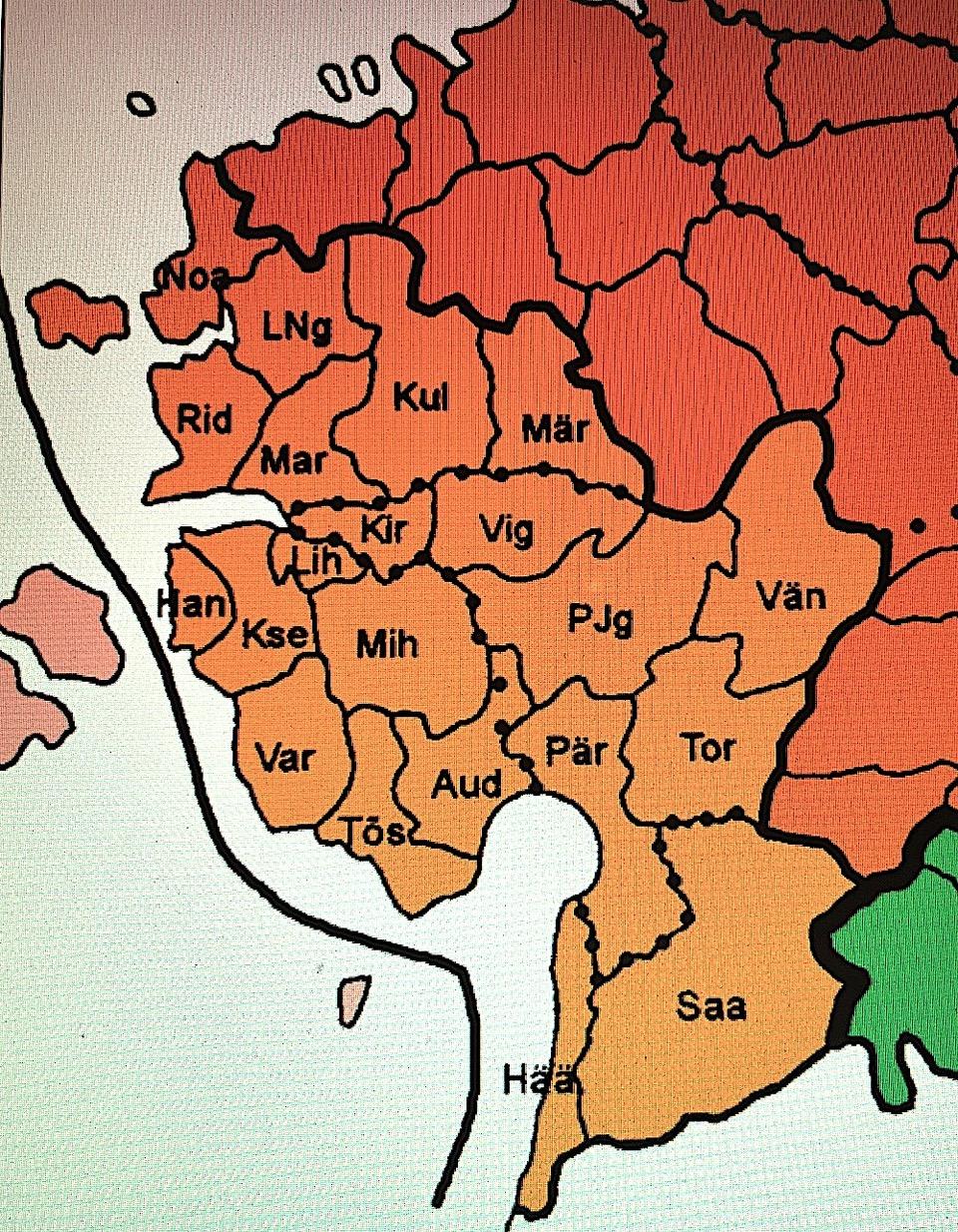 Viron kielen länsimurteen alue, merkitty oranssilla.