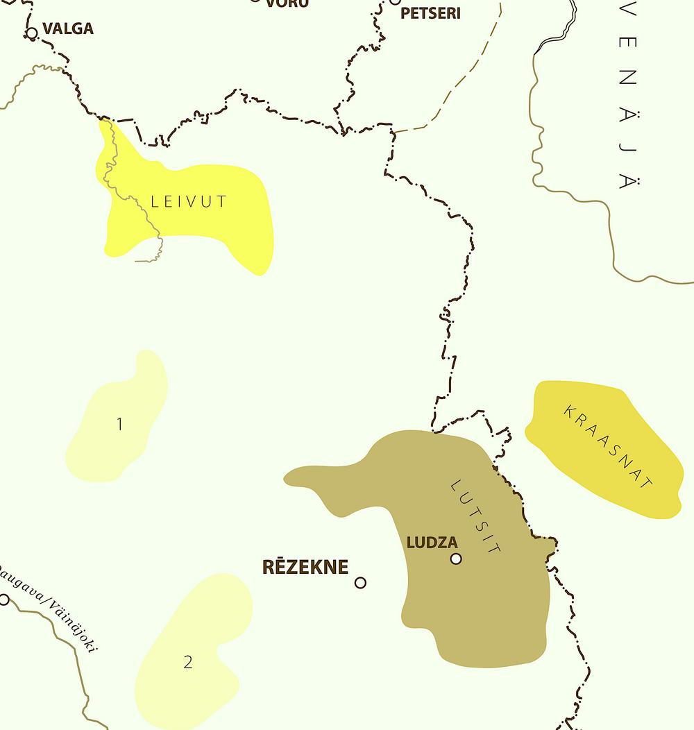 ITÄ-LATVIA, Regio, 2024.
Stafeckan mainitsemat ”uudet kielisaaret” on merkitty 
Region Itä-Latvian kartan numeroilla 1 (Cesvainen seutu) ja 2 (Preiļin seutu).