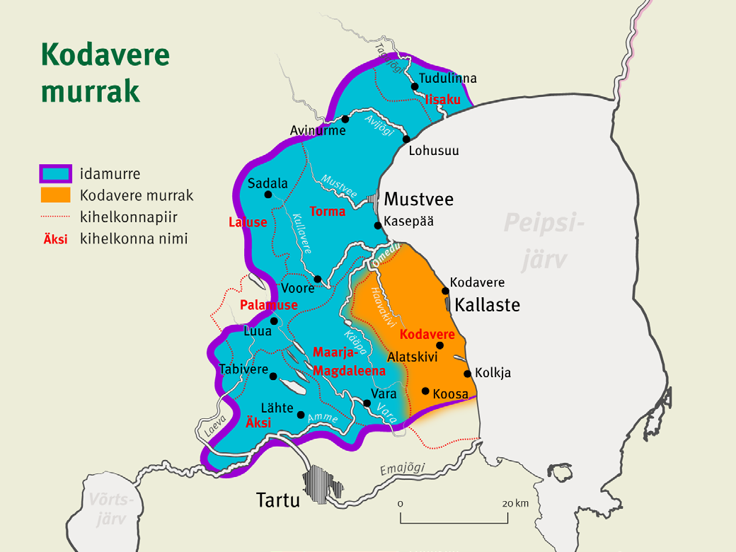 Viron kielen itämurteen ja Kodaveren kielimuodon puhujien asuinalueet.