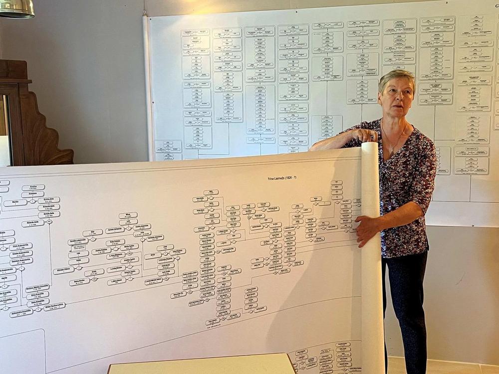 Rasma Noriņa esittelemässä salatsinliiviläisten sukujen sukupuita Pālen museossa 5.8.2022. Foto: Ieva Vītola.
