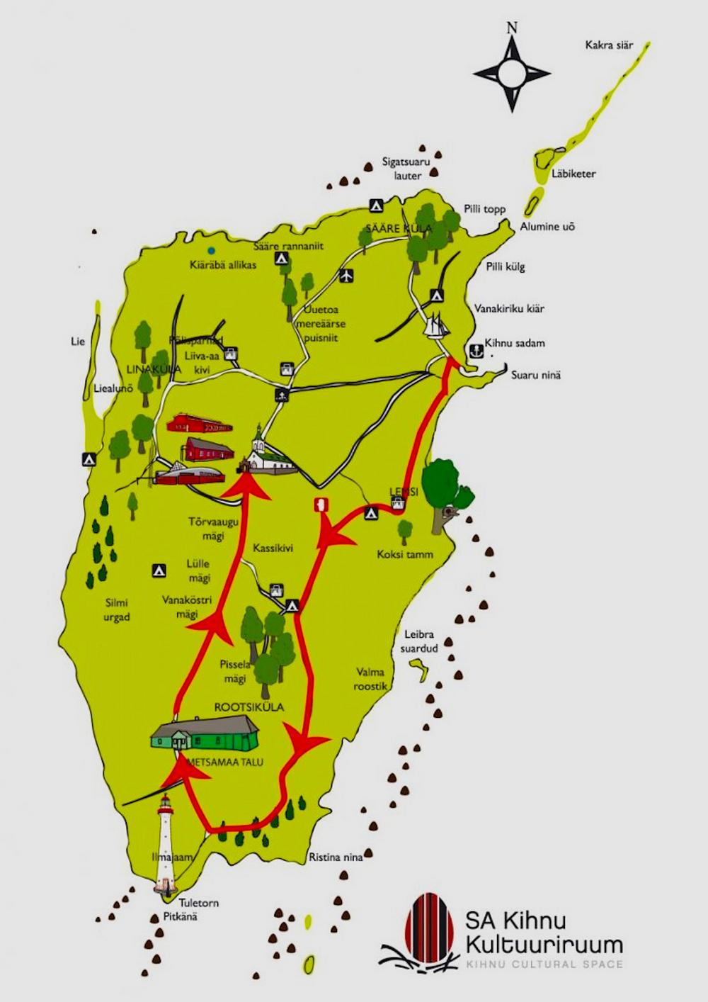 Kihnun kartta. Nuolilla merkitty suositeltava perusreitti. Lähde: Kihnu Kultuuriruum.