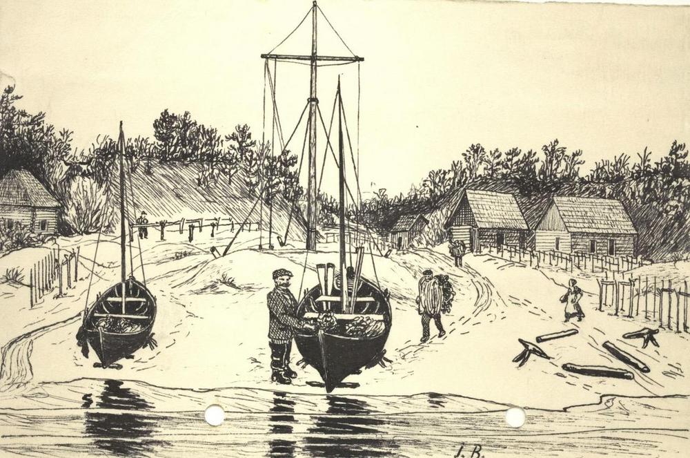 Lūžin kyläsatama. Jāņ Belten piirros.
