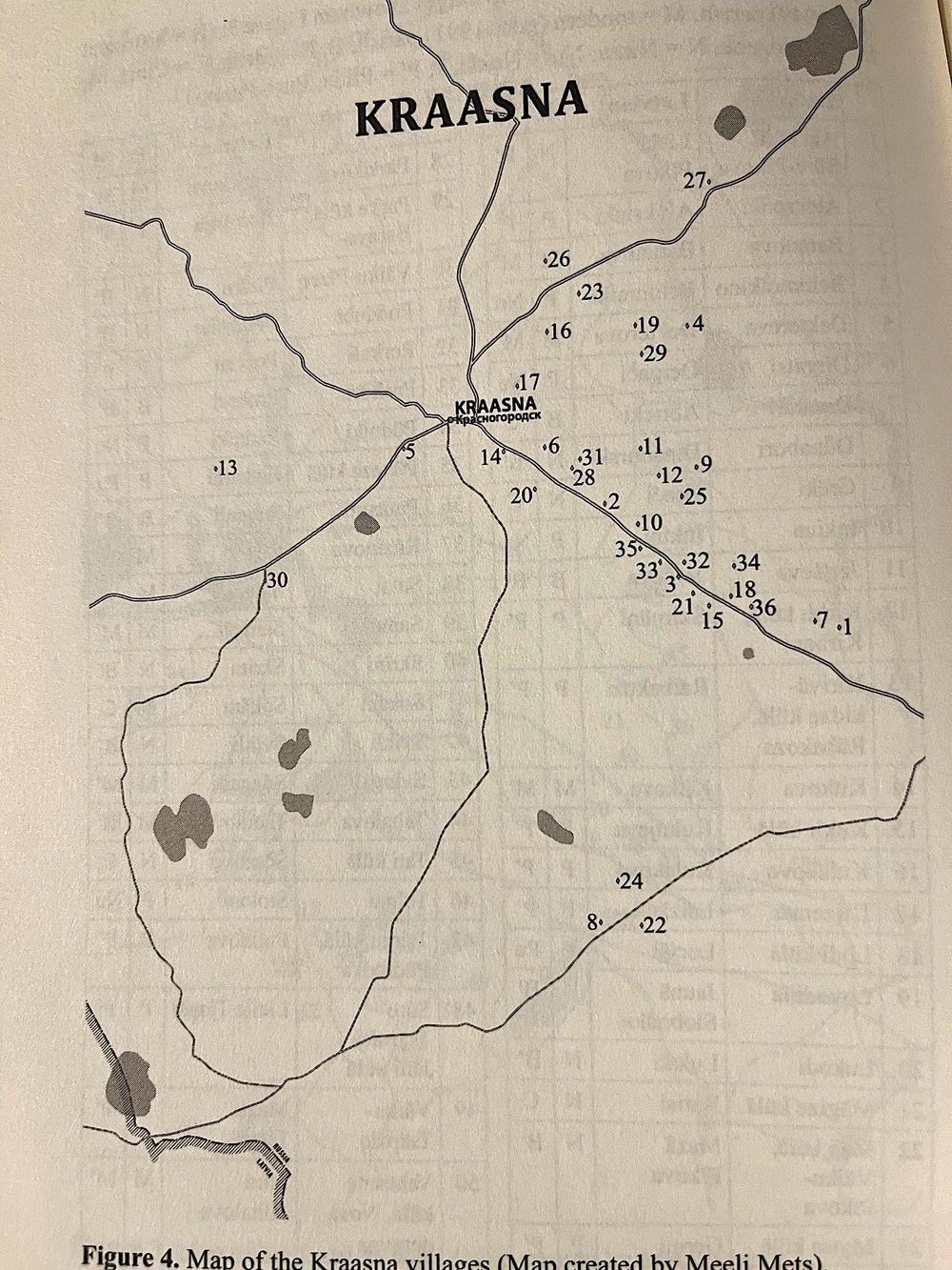 Kraasna kylät. Lähde: Eesti ja soome-ugri keeleteaduse ajakiri / Journal of Estonian and Finno-Ugric Linguistics 12/2. 2021.