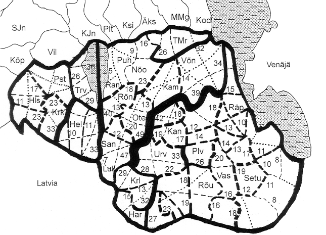 Kolmen etelävirolaisen kielen murrealueet ja isoglossit. Lähde: Karl Pajusalu, 2000.