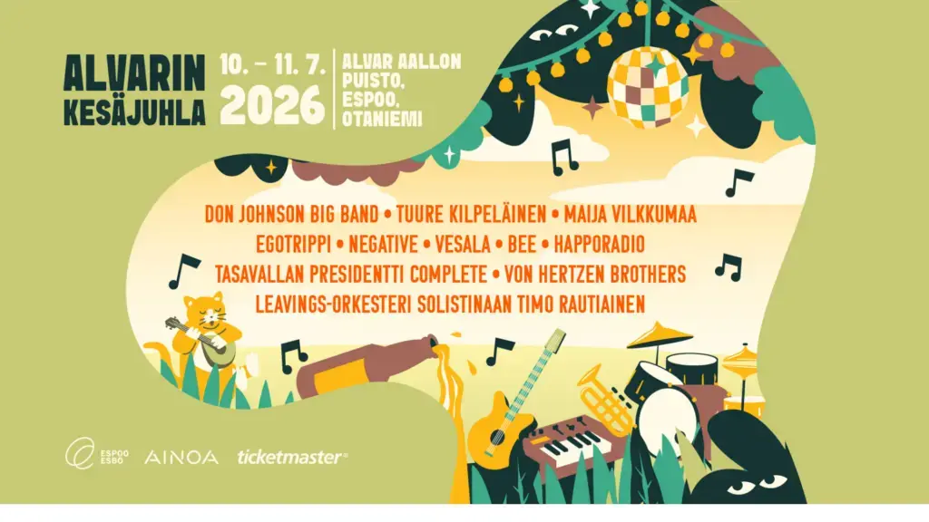 Alvarin kesäjuhla mainos. Kesäinen Otaniemi Espoossa herää eloon, kun Alvar Aallon puiston vehreys muuttuu kahdeksi päiväksi musiikin ja yhteisen fiiliksen keitaaksi 10.–11. heinäkuuta.