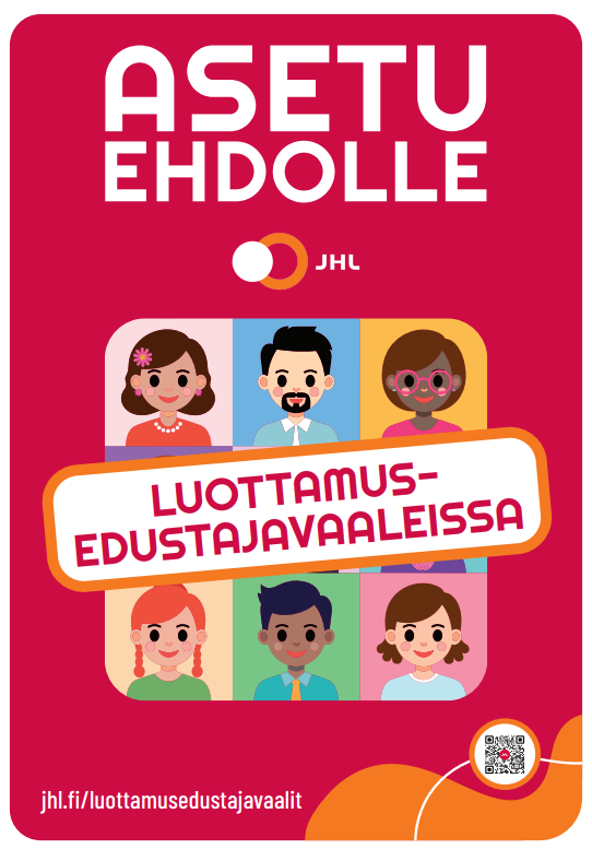 Piirrettykuva jossa kehotetaan sattumaan ehdolle luottamumsmies vaalissa. Ihmisiö seeisokelee ja istuu kirjaintenpäällä.